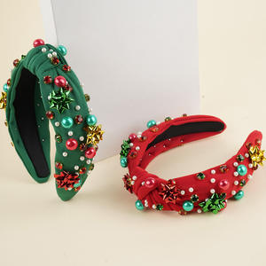 اكسسوارات زهرة الترتر باللون الأخضر والأحمر الأوروبي والأمريكية ، عصابة رأس لؤلؤ ، عقال قماش معقود لعيد الميلاد - Product Image 1