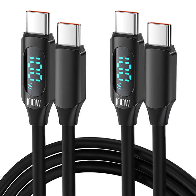 100W USB C to USB C Data Cable Bio 5A Fast Charging USBC Cable With LED Display Zinc Alloy Braided Type C Cable