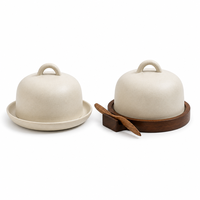 Beurrier avec base en bois, en céramique avec spatule, pot de rangement pour confiture, plateau à beurre