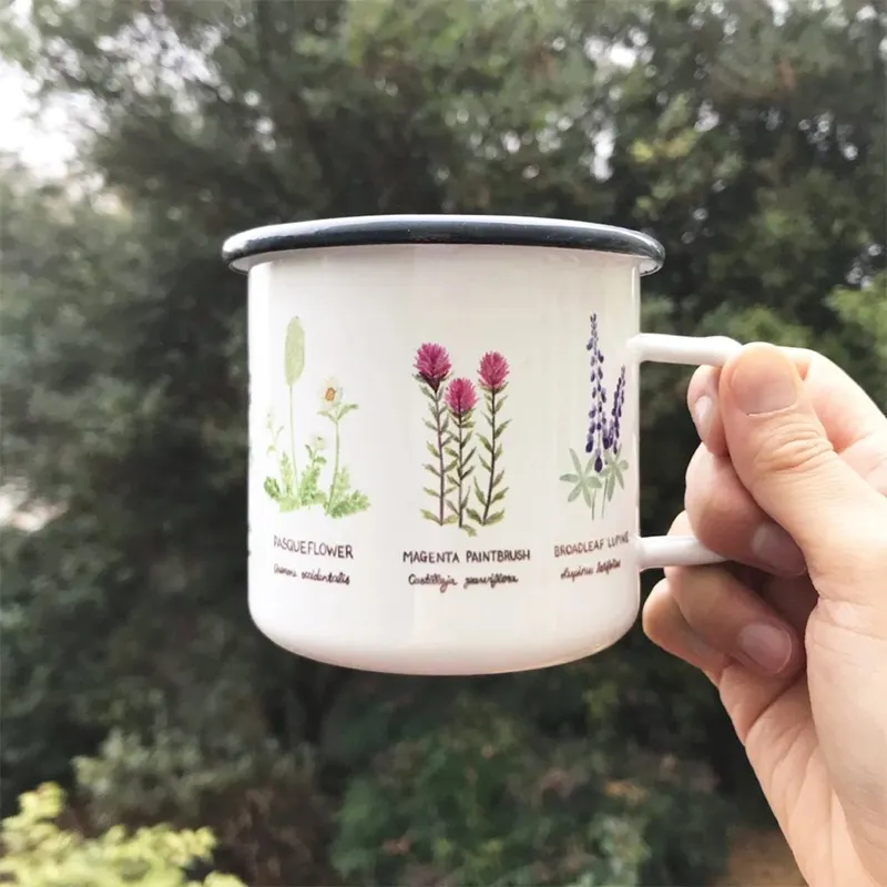 Customised unique cool ceramic enamel metal espresso coffee photo mug with ss rim