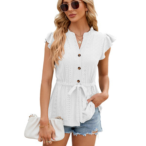 Femmes Lady Girls Printemps et é<span class=keywords><strong>t</strong></span>é Nouveau <span class=keywords><strong>T</strong></span>-<span class=keywords><strong>shirt</strong></span> ample à lacets et à boutons de couleur unie Cardigan pour femmes - Product Image 3