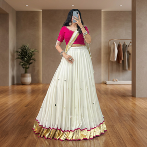 Designer Embossed Lehenga Choli With Real Mirror Work And Dupatta Set For Navratri Special By AarikaTextiles - Product Image 1