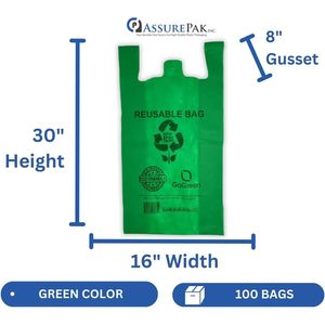 Bolsas de Compra Reutilizables Verdes, Paquete de 100, 12x7x22 Pulgadas, No Tejidas, Ecológicas, GoGreen - Product Image 2