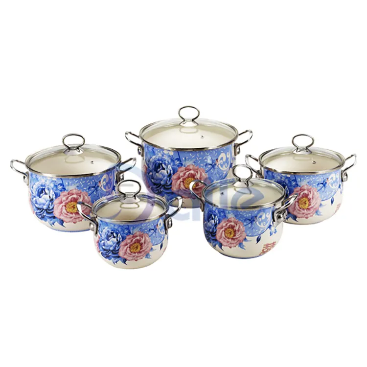 18/20/22/24/26 Cm Blue Flower Decal Cookware Sets Casserol Enamel De Cuisine