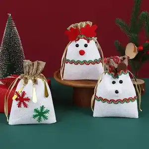 Sac cadeau bonbon en toile de jute bonhomme de neige décor d'arbre de noël pochette cadeau en toile de jute sacs à café en jute pour enfants