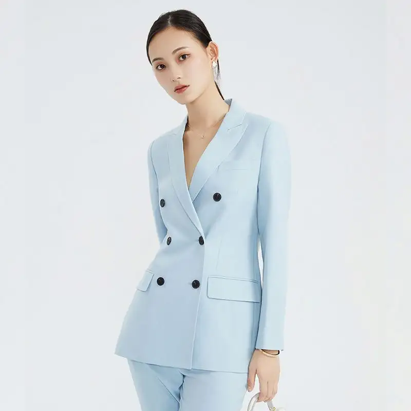 Jaket Blazer Double Breasted, setelan jas wanita & Tuxedo, Blazer Formal wanita kantor lengan panjang musim semi musim gugur leher-v