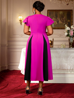 Robe midi décontractée élégante pour femme, grande taille, avec ceinture, à manches courtes à volants contrastants, coupe trapèze, couleur rose, AM050507