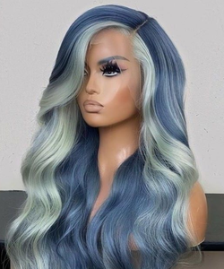 Peluca <span class=keywords><strong>de</strong></span> <span class=keywords><strong>cabello</strong></span> peruano ombré, pelo ombré negro y azul, cuerpo ondulado, pavo real, raya azul marino, estilo resaltado, encaje frontal - Product Image 6