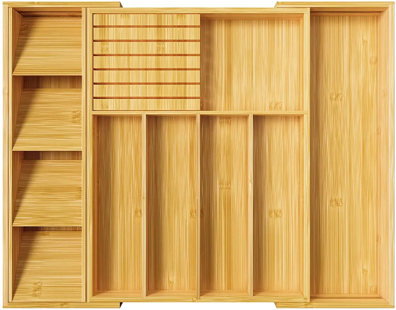 Portacuchillos de cocina, organizador de cajones de madera con divisor, soporte extensible para utensilios y bandeja para cubiertos