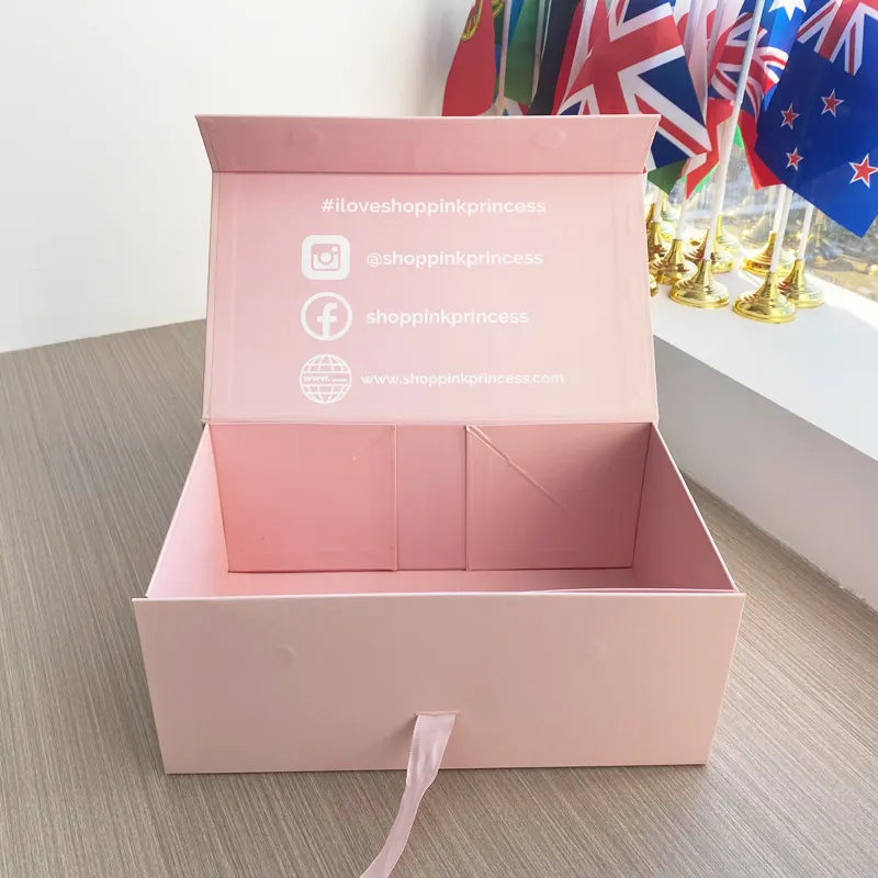 Custom luxury product ribbon gift packaging box jewelry clothing package magnetic pink paper box