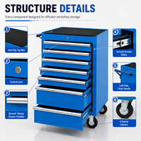 Coffre à outils industriel durable à 7 tiroirs, en acier bleu, mobile, sur roulettes, avec tiroirs verrouillables pour la réparation automobile