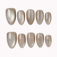 Faux ongles à presser en acrylique couleur unie, effet œil de chat, couleur café clair, forme amande, French manucure, longueur courte, fini brillant minimal, personnalisable, vente en gros