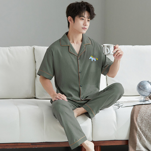 Vêtements de nuit pour hommes, chemises à manches courtes avec <span class=keywords><strong>pantalon</strong></span> long, vêtements de détente classiques, ensemble de <span class=keywords><strong>pyjama</strong></span> en gros - Product Image 3