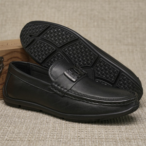 Mocassins pour hommes à enfiler, bout rond, en cuir véritable, semelle souple en caoutchouc, décorés d'une boucle, chaussures de conduite - Product Image 1
