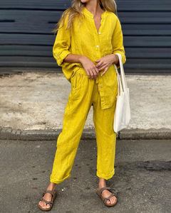 Completo da donna <span class=keywords><strong>in</strong></span> cotone e lino, 2 pezzi: camicia <span class=keywords><strong>con</strong></span> colletto alla coreana e maniche arrotolabili, <span class=keywords><strong>pantaloni</strong></span> a <span class=keywords><strong>vita</strong></span> elasticizzata, vestibilità ampia, all'ingrosso, casual estivo - Product Image 1