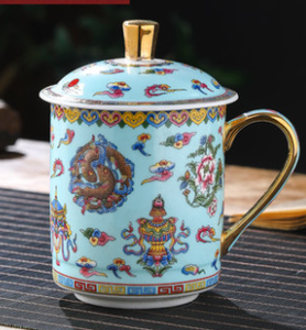 8 tazas y tazas auspiciosas de cerámica para el budismo Tíbet con calcomanía modelada después de una antigüedad con porcelana dorada para agua y té - Product Image 2