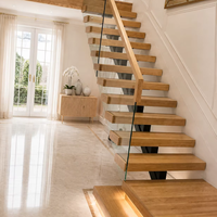 Escalier flottant en verre avec balustrade, monopoutre, marches en bois, éclairage LED intégré, conception de rampe d'escalier cantilever pour intérieur