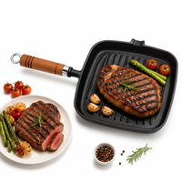 Poêle à griller carrée en fonte côtelée avec poignée en bois, antiadhésive, pour steak, avec bec verseur, pour barbecue, cuisine domestique et camping
