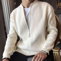 Nouveau cardigan en soie pour homme, style coréen, tendance, double fermeture éclair, anti-plis, coupe ajustée, col rond, couleur unie, printemps-automne