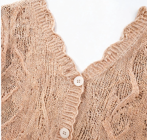 Hochwertiger Alabaster-Cardigan mit Muschelkanten-Wellenmuster, V-Ausschnitt, Dreiviertelärmeln und Spitzenverzierung, Weicher Damen-Pullover - Product Image 4