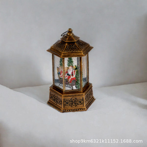 Dropshipping Shopify Christmas Vintage Hexagon Led <b>Lantern</b> Santa Scene Water Fillable Tabletop Decoration <b>Large</b> - Product Image 6