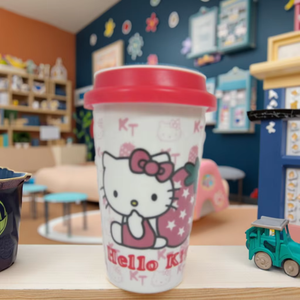 Tasses à espresso en céramique 3D de 12,5 oz pour sublimation, chauffe-tasses personnalisés en grès motif dessin animé Hello Cat pour enfants, tasses de voyage à double paroi, compatibles lave-vaisselle - Product Image 1