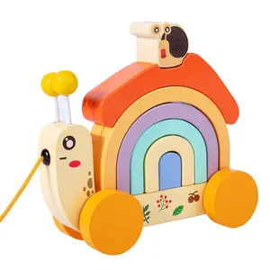 Houten Regenboog Slak Push En Pull Langs Vorm Sorter Stapelen Blokken Speelgoed Voor Kinderen Vroege Onderwijs Speelgoed Creative Kid Houten winkelwagen