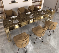 Ensemble de chaises de table de manucure en marbre brun de haute qualité table de luxe moderne double trois places pour les ongles à vendre