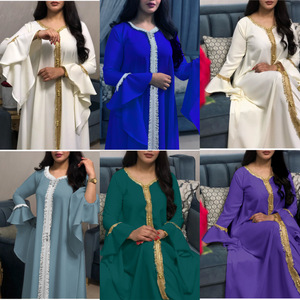 Moyen-Orient Malais Lotus Feuille Manches Brodé Or Dentelle Robe Jalabiya Femmes Musulmanes - Product Image 5