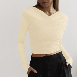 Nueva Camiseta de Manga Larga para Mujer, Color Sólido, Malla Sexy, Plisada, Cruzada, a la Moda - Product Image 4