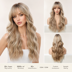 Perruque longue ondulée effet vague d'eau, blond beige cendré avec frange <span class=keywords><strong>et</strong></span> racines foncées, résistante à <span class=keywords><strong>la</strong></span> chaleur, en fibre haute température, sans colle, directement de l'usine - Product Image 1
