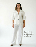 Setelan Wanita Ukuran Besar Musim Gugur 2 Potong, Blazer Lengan 3/4 dan Celana Kaki Lebar, Model Kasual Kancing, Longgar