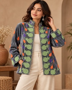 Grey <b>Velvet</b> Suzani Embroidered <b>Jacket</b> for <b>Women</b> Luxury Floral Threadwork Ethnic Winter Outerwear Designer Party Fashion <b>Jacket</b> - Product Image 2