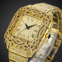 Montre de luxe pour homme, design unique en cuivre, or et diamants, style hip-hop, personnalisable avec votre propre logo, montre à quartz carrée.