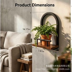 Wooden <b>Wall</b> <b>Mounted</b> <b>Shelf</b> With Iron Frame For Living Room Plant Display And Storage - Product Image 4