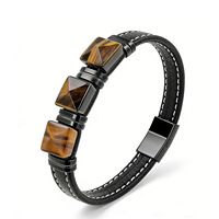 Bracelet en cuir tressé pour homme avec pierre de malachite verte facettée carrée et fermoir magnétique en acier inoxydable – Vente en gros