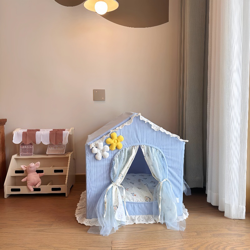 Small floral curtains, house nest, blue
