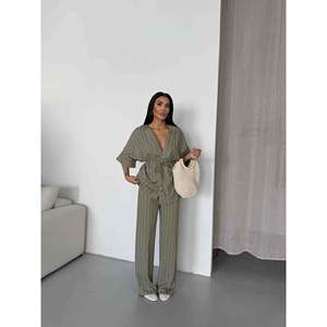 ชุดกิโมโนลายทาง Cagla สำหรับผู้หญิง ไซส์ S สีเขียวมะกอก ลายเส้นเล็ก ชุดลำลอง - Product Image 3