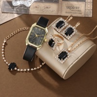 Femme Ceinture Carrée Pierre Précieuse Montre Collier Bracelet Bague Boucles D'oreilles 5 Pcs Ensemble Montre Quartz Ensemble de Bijoux