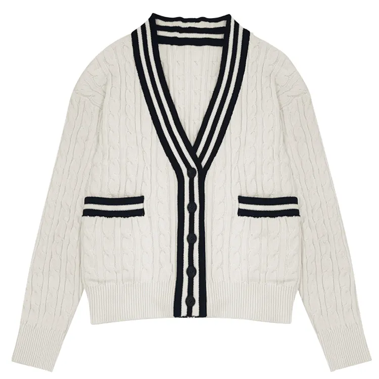 Maglione di lana per uomo con Cardigan uniforme a righe a righe a contrasto con scollo a V