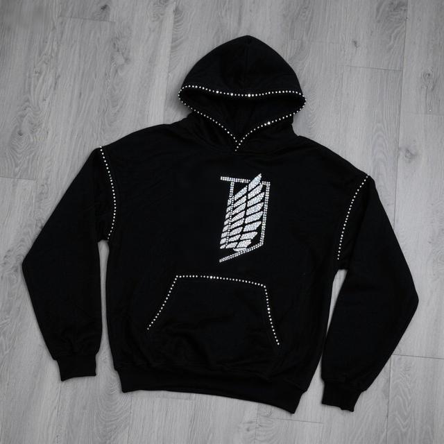 Japanese Anime Custom Attack on Hoodie 1000GSM Oversize Pullover Sweatshirt De Hombre with Rhinestones Hoodies for Men