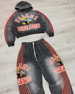 Bộ đồ thể thao nam gồm áo hoodie có khóa kéo và quần jogger thêu nổi, kiểu dáng cũ kỹ, đính đá, màu phai nắng, giặt acid, sản xuất bởi nhà máy. - Product Image 3