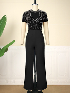 Combinaison de soirée élégante de haute qualité AM221118 pour femmes, taille haute, ajustée, ornée de perles, col rond, manches courtes, grandes tailles - Product Image 4