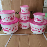 Boîtes de rangement rondes bon marché à vendre, lot de 7, boîte en plastique transparente, organiseur de nourriture imprimé pour la cuisine et ensemble de rangement