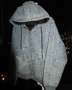 Giacca da Uomo Personalizzata in <span class=keywords><strong>Denim</strong></span> di Jeans Stile Lavoro Detroit Vintage con Stampa Strass Glitter Bling, Felpa con Cappuccio e Cerniera in Tela Duck Lavata - Product Image 2