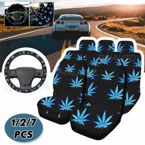 1/2/7PCS Housses de siège de voiture universelles imprimées feuilles bleues, protection de siège, coussin de siège, housse complète pour la plupart des voitures, style cool - Product Image 1