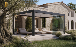 Pergola autoportante RKOVE RK-C3 5x5m pour villa et spa, structure d'ombrage à panneaux de verre avec interface pour ventilateur, idéale pour terrasses d'architects européens - Product Image 5