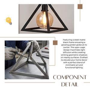 Luminaire suspendu en verre ambré avec globe en métal noir mat de qualité supérieure, style pyramide industrielle - Product Image 5