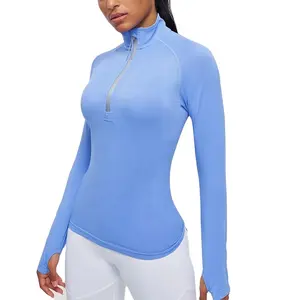 Wholesale Loose Fit High Neck Zip To Mid-Chest Mesh Panels Under Arms Thumb holes Long Sleeves Womens Sport Gym Tops