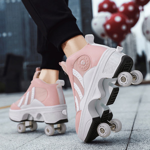 Pink Roller Skate Shoes With Double Row Wheels Anti Slippery Mesh Lining Round Toe For Men And Women Size 33 To 43 - Product Image 4